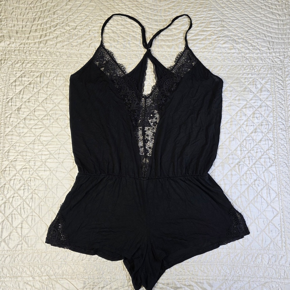 Victoria's Secret Women's Medium Lace Trim Romper Lingerie Sleepwear Black Sexy